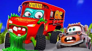 Big & Small:McQueen SCHOOL BUS ZOMBIE VS TOW Mater Slime apocalypse cars BeamNG.drive