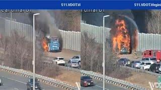 Large Charter Bus & Sound Barrier Catches Fire And Burns To The Ground In Prince William County, VA