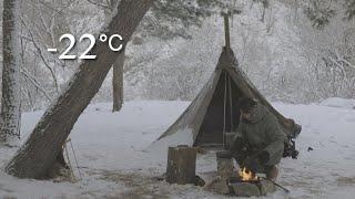 -22°C 추위와 폭설이 내린 부시크래프트 겨울 캠프, 벛나무 포켓스푼 카빙, 삽겹살, 초막180, Snow Camping