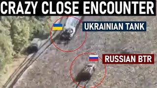 Crazy Close Encounter between Ukrainian Tank and Russian BTR!