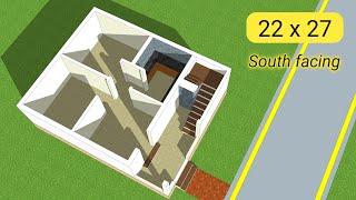 22x27 South-Facing South Indian Home: 594 Sq Ft Floor Plan 3D Tour