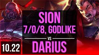 SION vs DARIUS (TOP) | 7/0/8, 74% winrate, Godlike, Rank 12 Sion | KR Master | v10.22