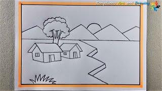 Village Scenery Drawing with Pencil Easy Prakitik Drisso Art