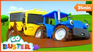 Wheels on the Bus - Stuck in the Mud Song! | Go Buster | Baby Cartoons | Kids Videos | ABCs and 123s