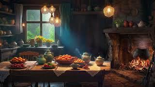 Kitchen Ambience | Cooking Sounds :18th Century Kitchen With Relaxing Rain, fireplace, and more