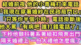 結婚前夜 他的小青梅打來電話「我現在穿著婚紗在民政局門口」「只等你半個小時」電話掛斷後他大罵「有病吧 誰打錯電話了」下秒他顫抖著系著紐扣飛奔出門隔天婚禮上 一份大禮他怎麼瘋了#甜寵#灰姑娘#霸道總裁