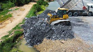 Most Satisfying Activities Land Filling Dozer Push Stone, Dump Truck Unloading Stone