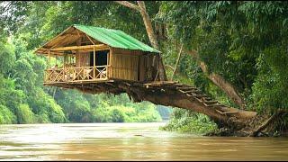 Building a Treehouse Big Riverbank Tree to Escape Rising Floodwaters | Skills Survival & Bushcraft