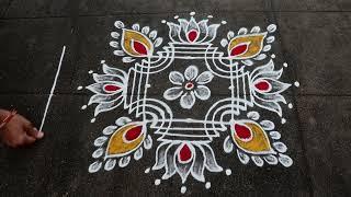 Navratri Special Lotus Rangoli | 3x3 Dots Small Muggulu | Navratri Kolam Designs With Side Borders