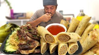 JUMBO LUMPIANG SHANGHAI! PANSIT / PANCIT OVERLOAD! PORKCHOP! BURONG MUSTASA. Filipino Food. Mukbang.