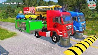 Double Flatbed Trailer Truck vs speed bumps|Busses vs speed bumps|Beamng Drive|952