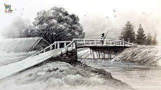 How to draw Bridge in Village Landscape and shading with Easy Pencil Strokes