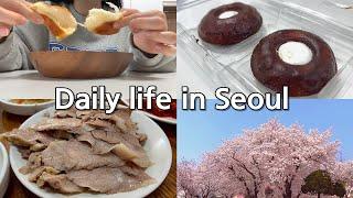 VLOGㅣ후회 없는 벚꽃 스팟ㅣ빵 없이 사는 거 어떻게 하는 건데..ㅣGS25 품절대란 빌로우 까눌레 후기ㅣ보쌈 짱짱맛집 알랴드림ㅣ등산하고 재택하는 일상
