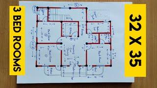 32 x 35 house plan II 3 bhk house plan design II 32 x 35 ghar ka naksha