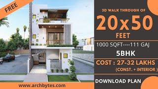 20*50 House Design 3D | 1000 Sqft | 111 Gaj  | 5 BHK | Modern  Design | Terrace Garden | 6x15 Meters