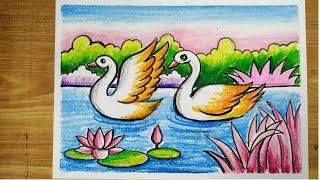 how to draw easy scenery drawing with oil pastel color,swan drawing,how to draw swan river scenery,