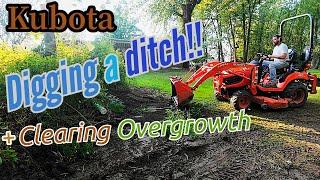 Kubota BX - Digging A Ditch With The FEL + Clearing Overgrowth