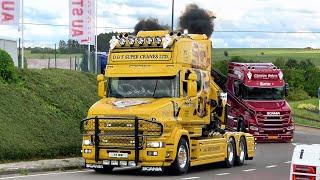 Truckshow Ciney 2024 Deel 1 met Scania V8 open pijpen geluid, op maat gemaakte semi-vrachtwagens