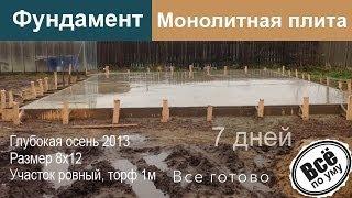 Фундамент монолитная плита 8х12. Участок ровный. Торф 1м. Без комментариев. Все по уму