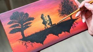 A Loving Couple on a flying Island - Acrylic painting / Homemade Illustration (4k)