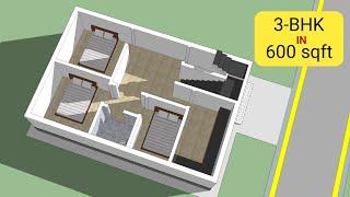 20 x 30 South-Facing 3BHK House Plan | 600 Sq. Ft. | Sectional 3D Animation | Aarvin Builders