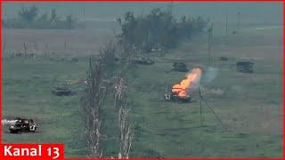 Drone shows the burning tanks abandoned by fleeing Russians on the battlefield