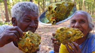 2 big size full Mutton head masala curry cooking by tribe grandma and grandfather | Goat head curry