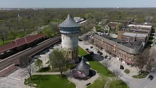 Riverside, Illinois - Drone Flight - Lawn River Trail - Two Historic Water Towers