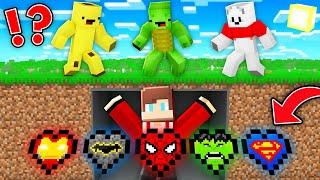 CUSTOM SUPERHERO HEARTS Speedrunner vs Hunters : JJ vs Mikey and Banana Kid in Minecraft Maizen!