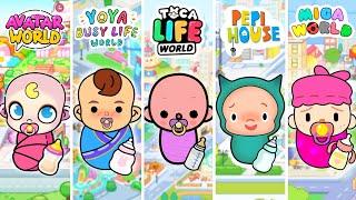 Toca Boca Baby vs Avatar World Baby vs Miga World Baby vs Pepi House Baby vs Yoya World Baby