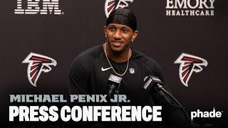 Michael Penix Jr speaks with the media after being named starting quarterback of the Atlanta Falcons