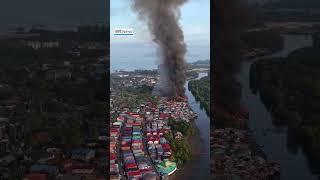 Drone footage shows fire in Malaysian village leaving over 600 people without homes