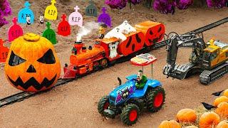 Diy tractor mini making Excavator rescue Train | diy Train Transporting Halloween Pumpkin | HP Mini