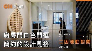 ◎廚房門採用白色門框 簡約俐落的設計風格(二固連動對開)【Gili集力同步連動橫拉門】