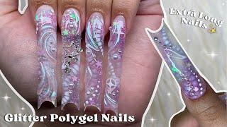 Glitter Polygel Nails Extra Long Nails & 3D Nail Art | Easy Polygel Application | Nail Tutorial