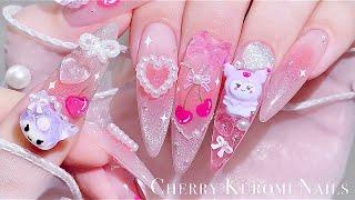 sub) Cute Cherry Kuromi Nails!/Korean Nails / Extension Nails / Nail Art / Self-nails / ASMR