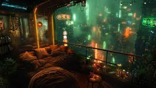  Cozy Neomerald Balcony: Rain and Ambient Music | Cyberpunk Bedroom over the City | 4K | 10 hours