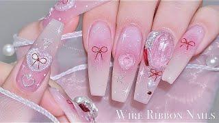 sub) Cute Wire Ribbon Cheek Nails/Korean Nails / Ribbon with wire / Nailart / Self-nails / ASMR