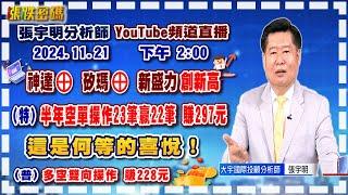 2024.11.21 張宇明台股解盤   神達⊕、矽瑪⊕、新盛力創新高！特會半年空單操作23筆贏22筆共賺297元！這是何等的喜悅！普會多空雙向操作賺228.4元【#張宇明分析師】