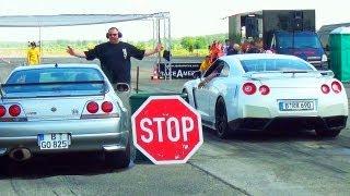 Nissan GT-R R35 vs GTR R33 Drag Race 1/4 Mile Viertelmeile Rennen Acceleration Sound Burnout