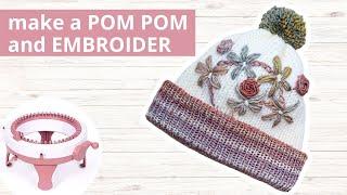 Sentro 48 knitting machine BEANIE Hat (Pom Pom tutorial and knit embroidery for beginners )