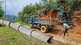 excavators, trucks carrying land to set up fields for roads, loaders installing sewers.