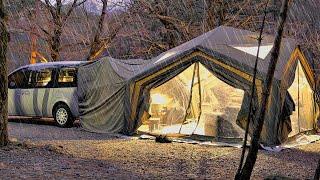 INFLATABLE TENT DOCKED TO TRUCK. WINTER CAMPING in the RAIN