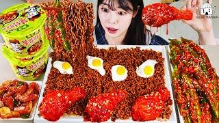 ASMR MUKBANG| Red pepper kimchi, Fire Black bean noodles, Seasoned chicken, Sausages and Vegetables