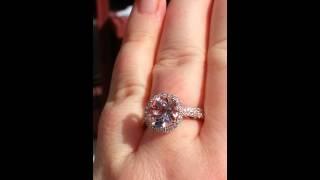 Peachy Pink Morganite in Diamond Halo Rose Gold Engagement Ring and Wedding Band, Wedding Set