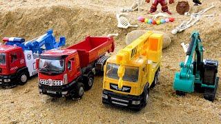 crane truck, excavator truck, concrete mixer truck transforms in cave | fun toy car video