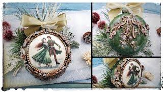 Decoupage medallion, lovers on the ice rink   Christmas tree decoration...