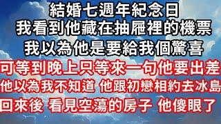 結婚七週年紀念日 ， 我看到他藏在抽屜裡的機票，  我以為他是要給我個驚喜 ， 可等到晚上只等來一句他要出差，  他以為我不知道，他跟初戀相約去冰島，  回來後 看見空蕩的房子，他傻眼了！#家庭伦理