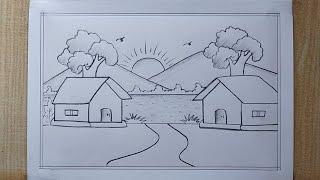 How to draw easy Scenery drawing| Village scenery drawing| House drawing