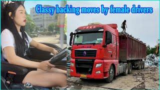 Female trailer truck driver Tao Tao and classy reverses